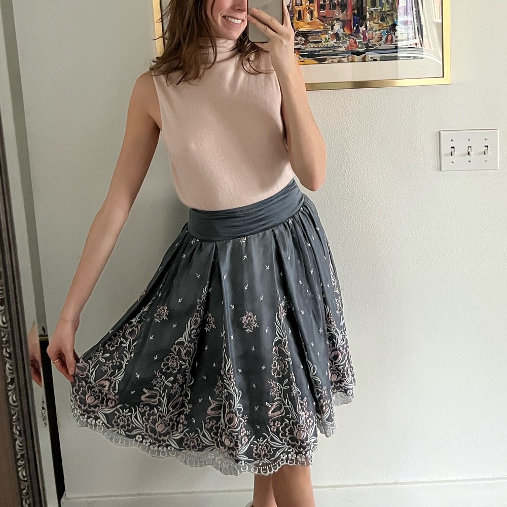 Arden B grey, silver silk midi skirt with pink and grey flowers embroidered